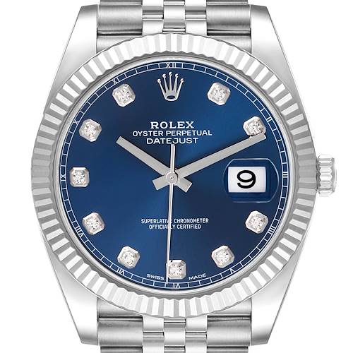 The image shows a frontal view of the Rolex Datejust 41 126334 Men's Stainless Steel Blue Dial 126334 Men's Stainless Steel Blue Dial, highlighting its blue dial, fluted bezel, and Jubilee bracelet.