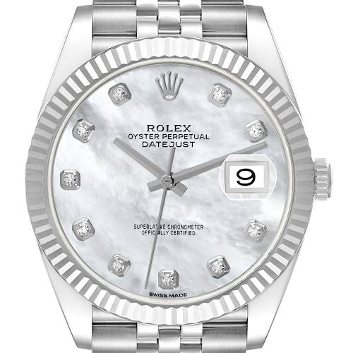 The Rolex Datejust 41 126334 Men's Stainless Steel Mother of Pearl Dial 126334 Men's Stainless Steel Mother of Pearl Dial watch is shown from a top view, featuring its silver fluted bezel, diamond hour markers, and a jubilee bracelet.