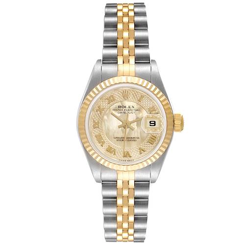 The Rolex Datejust 79173 Women's Steel and Gold (two tone) Mother of Pearl Dial 79173 Women's Steel and Gold (two tone) Mother of Pearl Dial watch is shown from a front angle, displaying the dial, bezel, and bracelet clearly.
