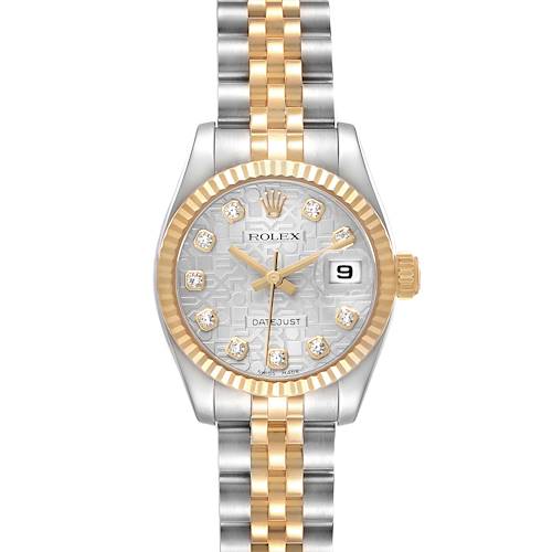 The Rolex Datejust 179173 Women's Steel and Gold (two tone) White Dial 179173 Women's Steel and Gold (two tone) White Dial watch is shown from a front view, highlighting its gold and silver two-tone bracelet, fluted bezel, and date display.