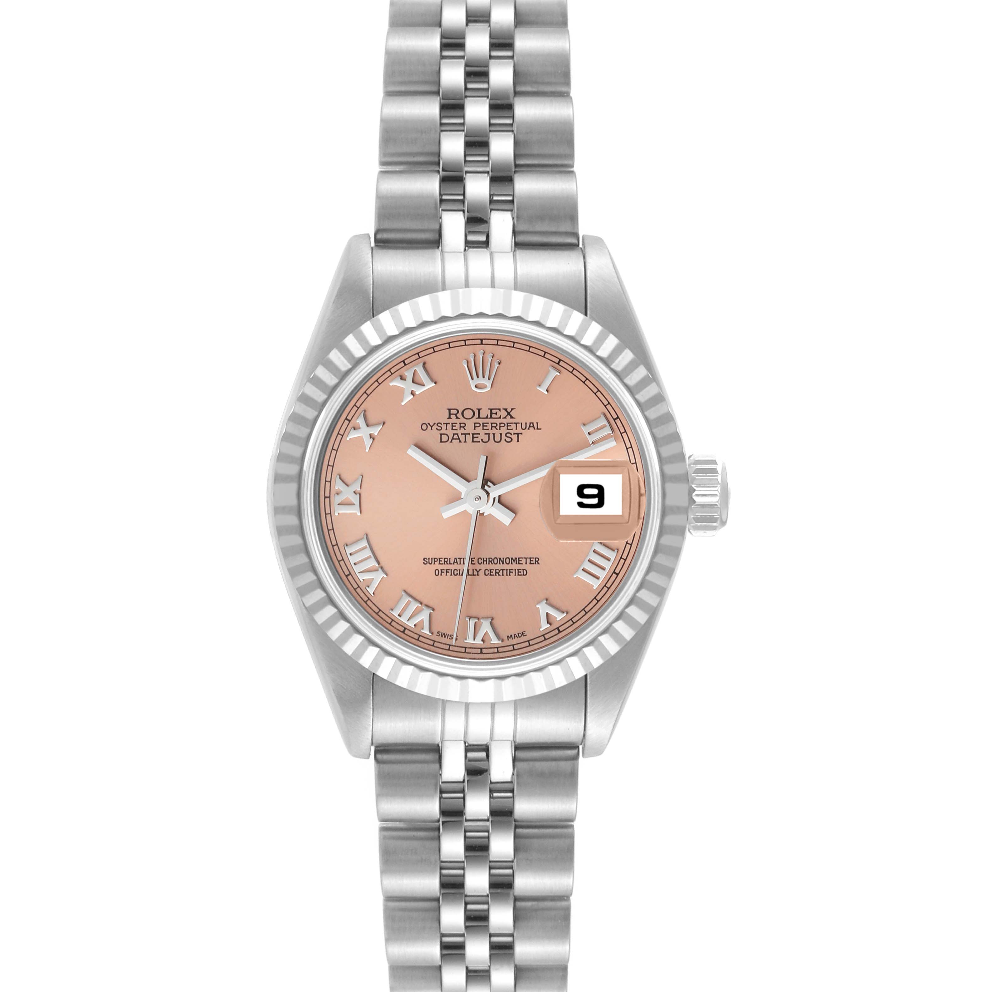 This image shows a front view of a Rolex Datejust 79174 Women's Stainless Steel Pink Dial 79174 Women's Stainless Steel Pink Dial watch featuring a jubilee bracelet and a date display at 3 o'clock.