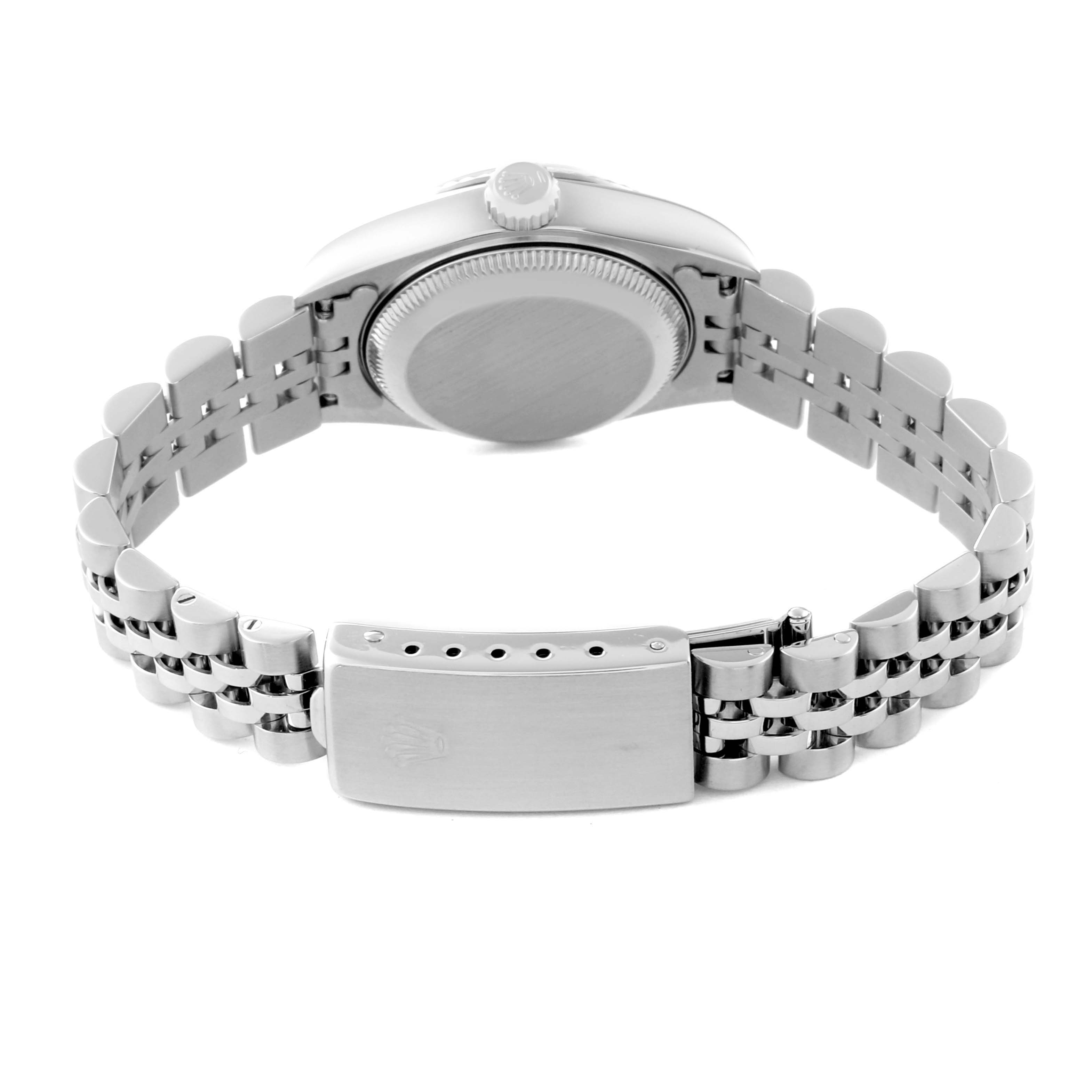 This image shows the back view of a Rolex Datejust 79174 Women's Stainless Steel Pink Dial 79174 Women's Stainless Steel Pink Dial watch, highlighting its bracelet and clasp.