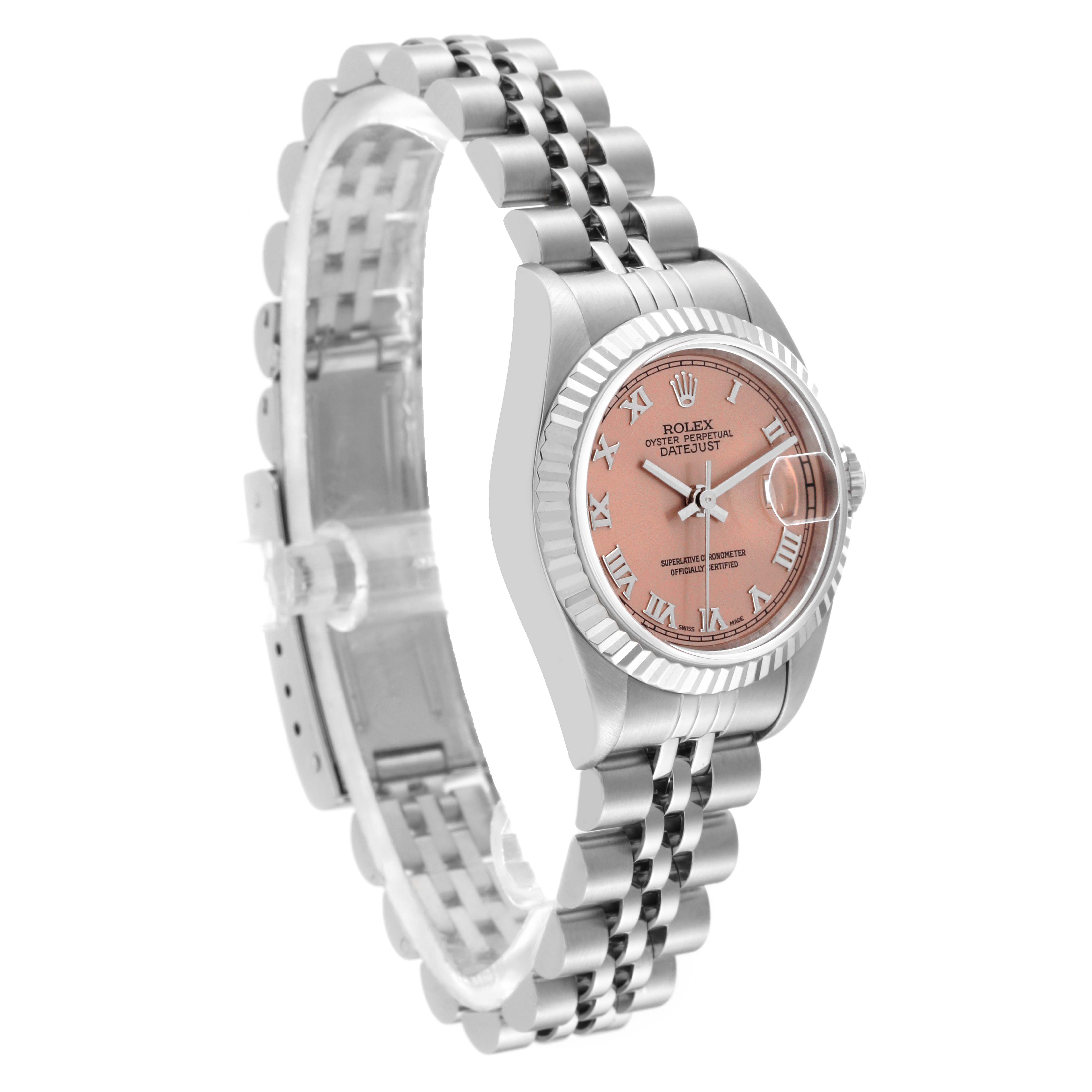 The image shows a Rolex Datejust 79174 Women's Stainless Steel Pink Dial 79174 Women's Stainless Steel Pink Dial watch at a slight side angle, highlighting its pink dial and Jubilee bracelet.