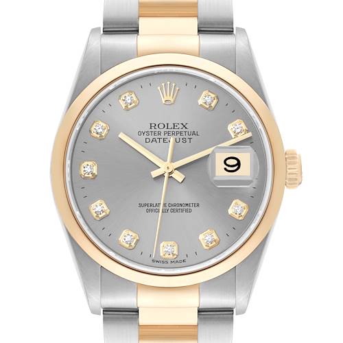 The image shows a frontal view of the Rolex Datejust 16203 Men's Steel and Gold (two tone) Grey Dial 16203 Men's Steel and Gold (two tone) Grey Dial watch, displaying the dial, bezel, crown, and part of the bracelet.