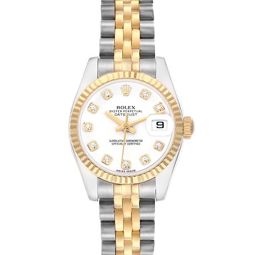 The Rolex Datejust 179173 Women's Steel and Gold (two tone) White Dial 179173 Women's Steel and Gold (two tone) White Dial watch is shown from a top-down angle, highlighting its dial, bezel, and two-tone bracelet.