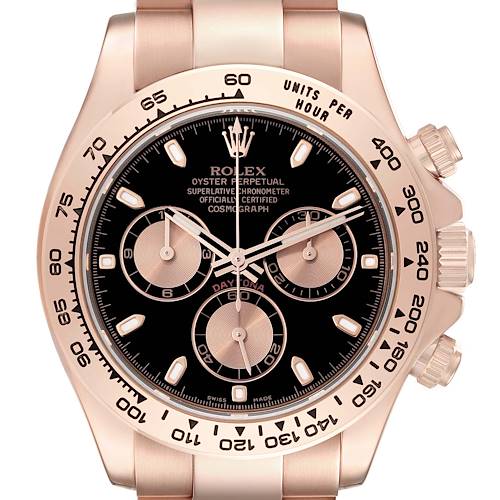 This image shows the front view of a Rolex Daytona 116505 Men's Rose Gold Black Dial 116505 Men's Rose Gold Black Dial watch, highlighting its face, bezel, and push buttons.