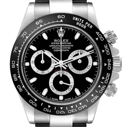 Close-up of the face of a Rolex Daytona 116500LN Men's Stainless Steel Black Dial 116500LN Men's Stainless Steel Black Dial watch, showing the dial, subdials, and bezel from a front angle.