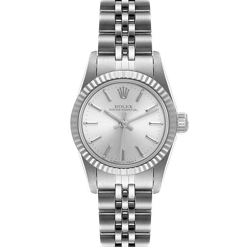 This image shows a Rolex Oyster Perpetual 67194 Women's Stainless Steel Silver Dial 67194 Women's Stainless Steel Silver Dial watch front-facing, highlighting the dial, bezel, and bracelet.