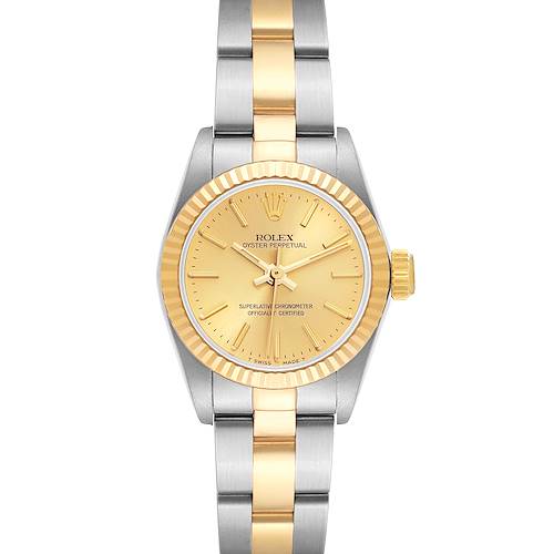 This image shows a front view of a Rolex Oyster Perpetual 67193 Women's Steel and Gold (two tone) Champagne Dial 67193 Women's Steel and Gold (two tone) Champagne Dial watch with a gold dial and a two-tone metal bracelet.