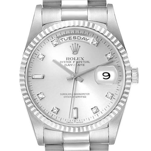 This image shows a close-up view of a Rolex President 18239 Men's White Gold Silver Dial 18239 Men's White Gold Silver Dial model watch featuring the dial, bezel, and bracelet.