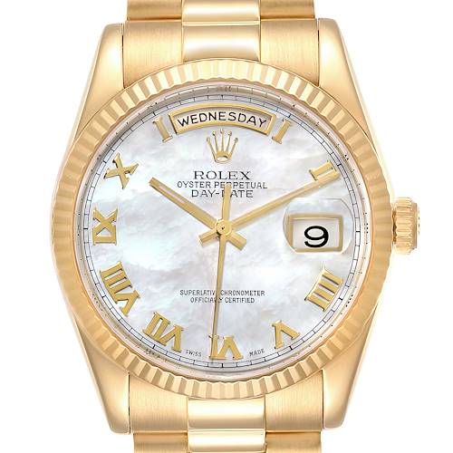 The image shows a front view of the Rolex President 118238 Men's Yellow Gold Mother of Pearl Dial 118238 Men's Yellow Gold Mother of Pearl Dial model watch, highlighting the face, crown, and part of the bracelet.
