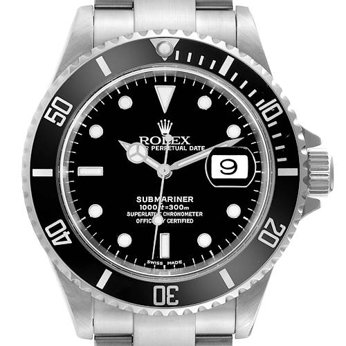 This image shows a front view of the Rolex Submariner 16610 Men's Stainless Steel Black Dial 16610 Men's Stainless Steel Black Dial watch, highlighting its dial, bezel, and bracelet.