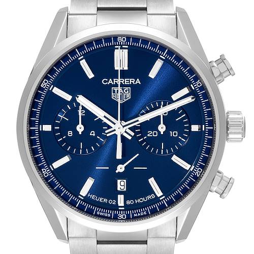 The image shows a frontal view of the blue dial face and stainless steel bracelet of the Tag Heuer Carrera CBN2011.BA0642 Men's Stainless Steel Blue Dial CBN2011.BA0642 Men's Stainless Steel Blue Dial model watch.