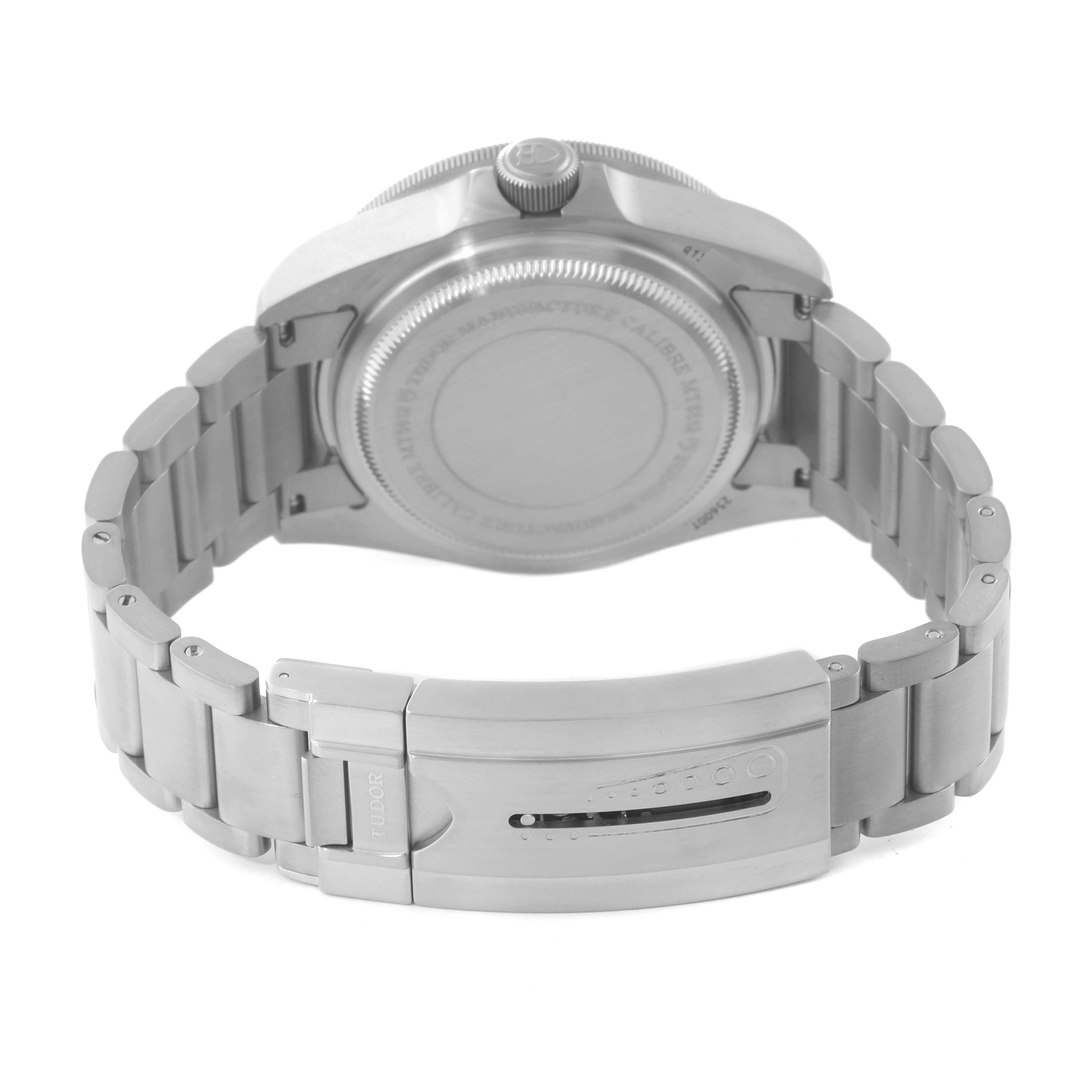 This image shows the backside and metal bracelet of a Tudor Pelagos 25600TN Men's Titanium Black Dial 25600TN Men's Titanium Black Dial watch, featuring its clasp and case back.