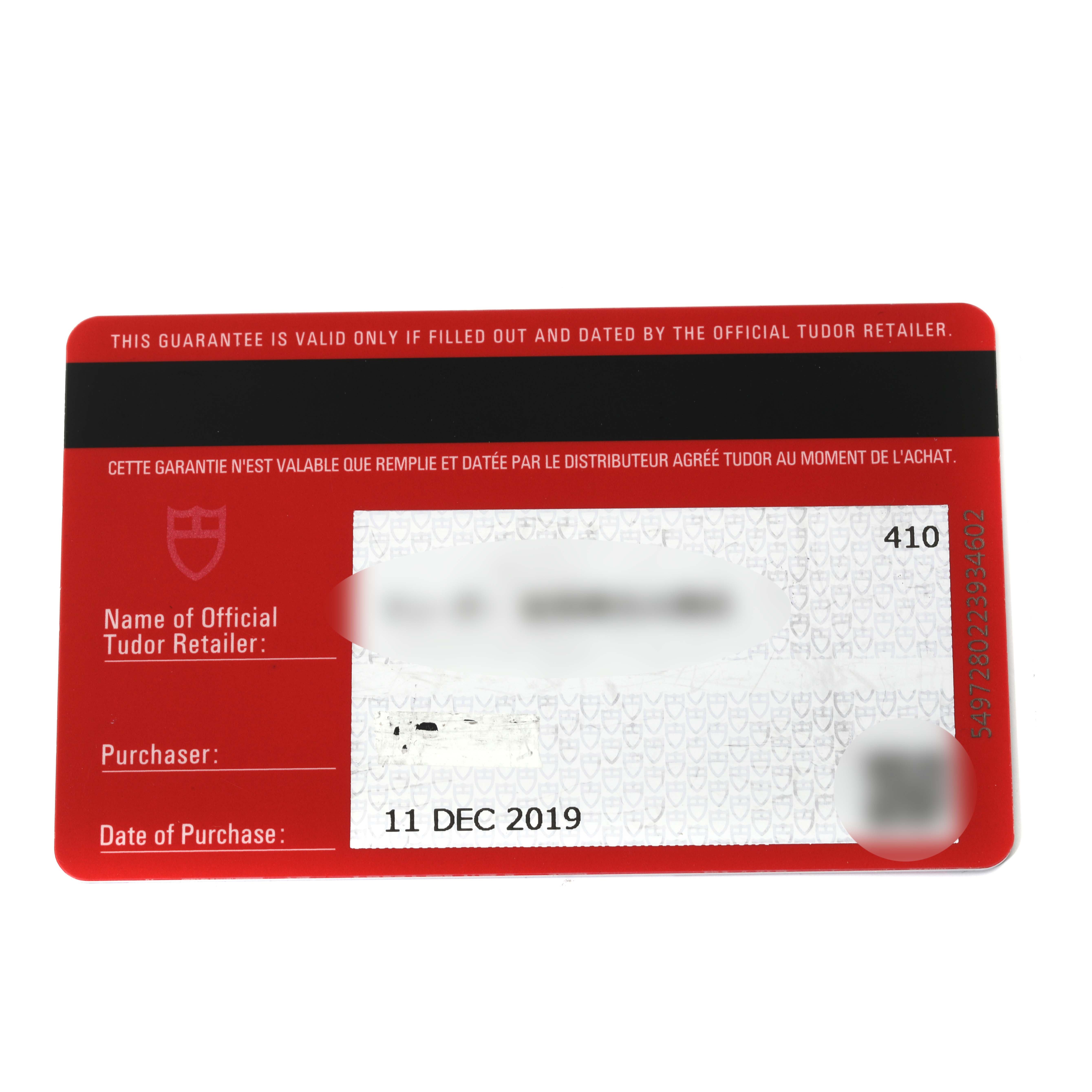 This image shows a warranty card for a Tudor Pelagos 25600TN Men's Titanium Black Dial 25600TN Men's Titanium Black Dial model watch, with purchase and retailer details.