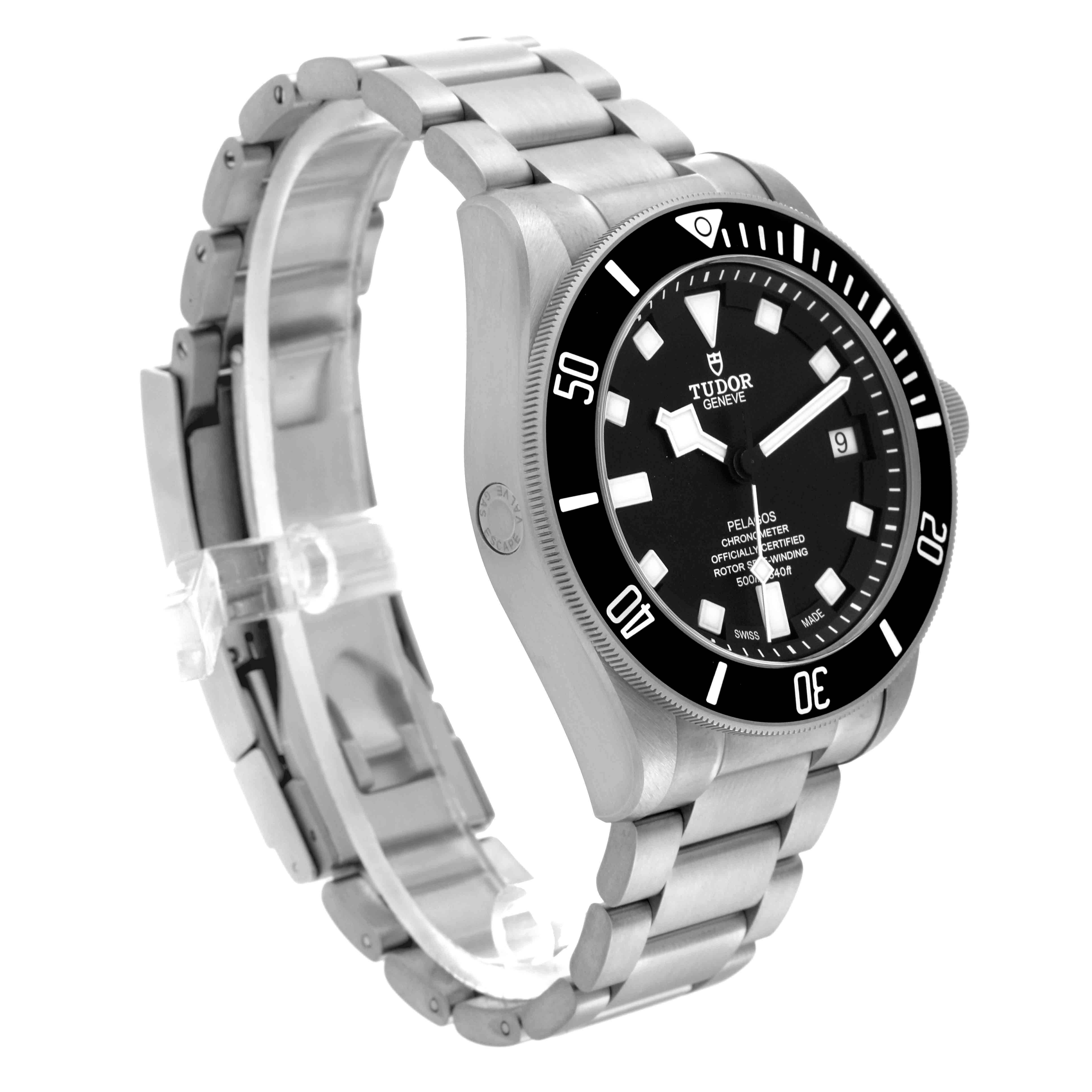 The image shows a side angle of the Tudor Pelagos 25600TN Men's Titanium Black Dial 25600TN Men's Titanium Black Dial watch, highlighting the face, bezel, case, and metal bracelet.