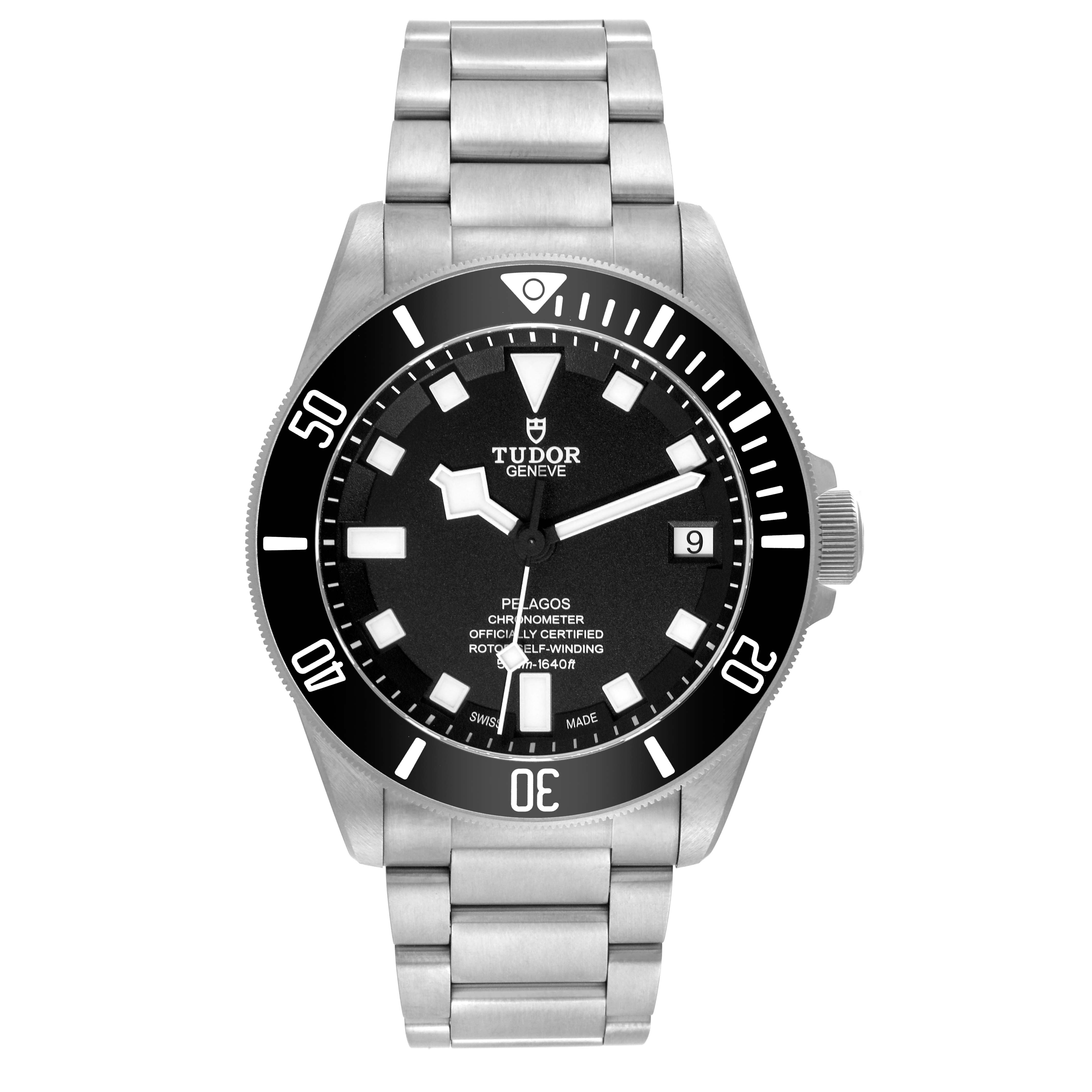 The image shows a front view of the Tudor Pelagos 25600TN Men's Titanium Black Dial 25600TN Men's Titanium Black Dial watch, featuring its bezel, dial, and bracelet.