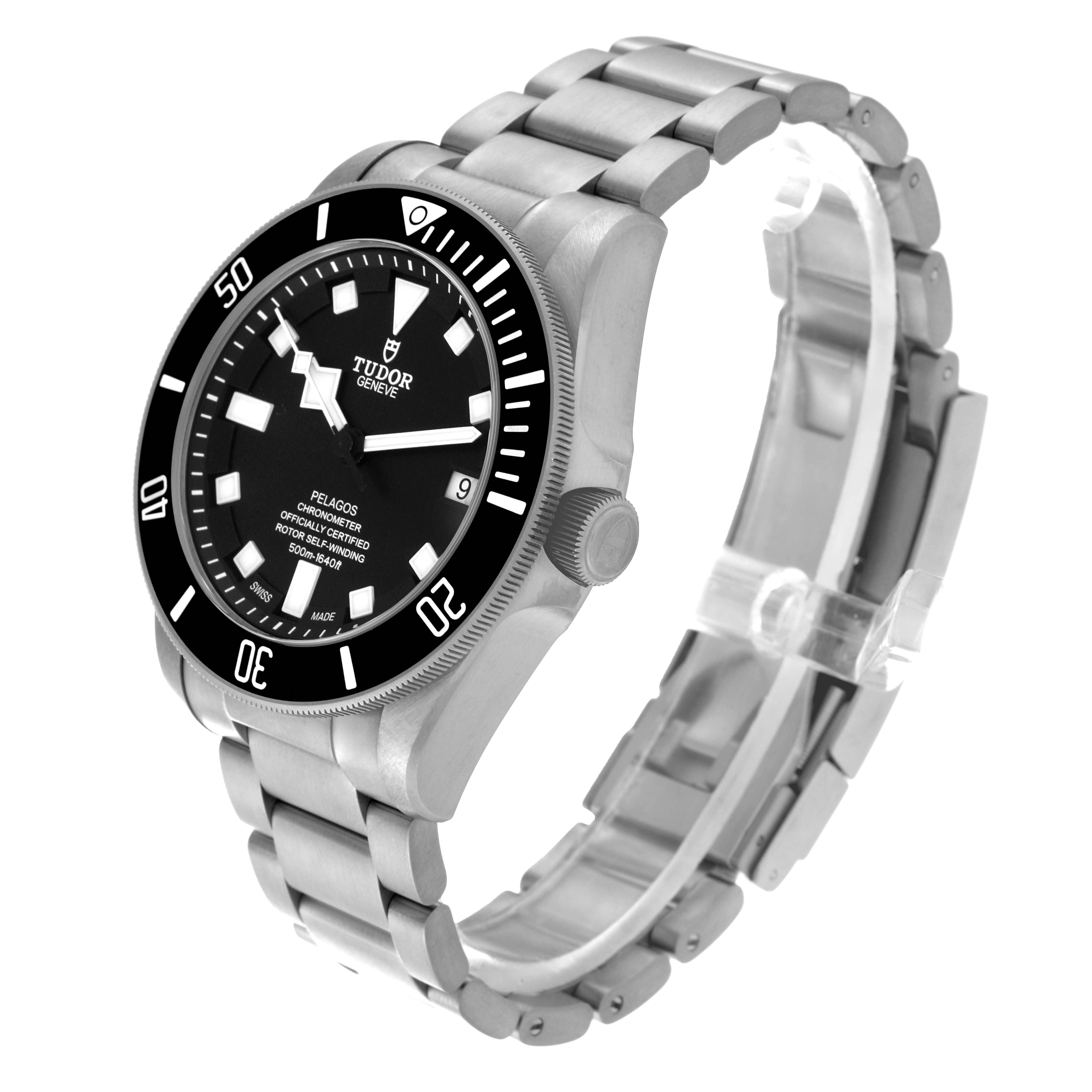 The image shows a Tudor Pelagos 25600TN Men's Titanium Black Dial 25600TN Men's Titanium Black Dial watch angled to display the face, bezel, crown, and stainless steel bracelet.