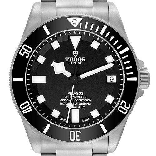 The image shows a front view of the Tudor Pelagos 25600TN Men's Titanium Black Dial 25600TN Men's Titanium Black Dial watch, displaying the dial, bezel, and part of the bracelet.