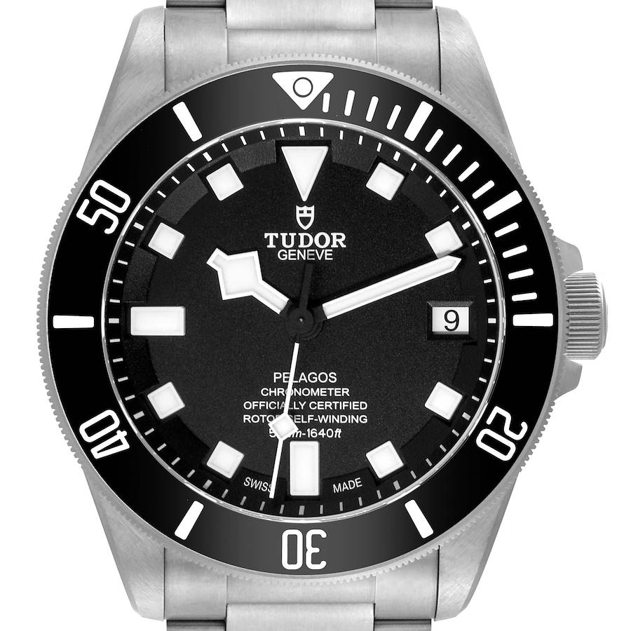 The image shows a front view of the Tudor Pelagos 25600TN Men's Titanium Black Dial 25600TN Men's Titanium Black Dial watch, displaying its dial, bezel, and part of the bracelet.