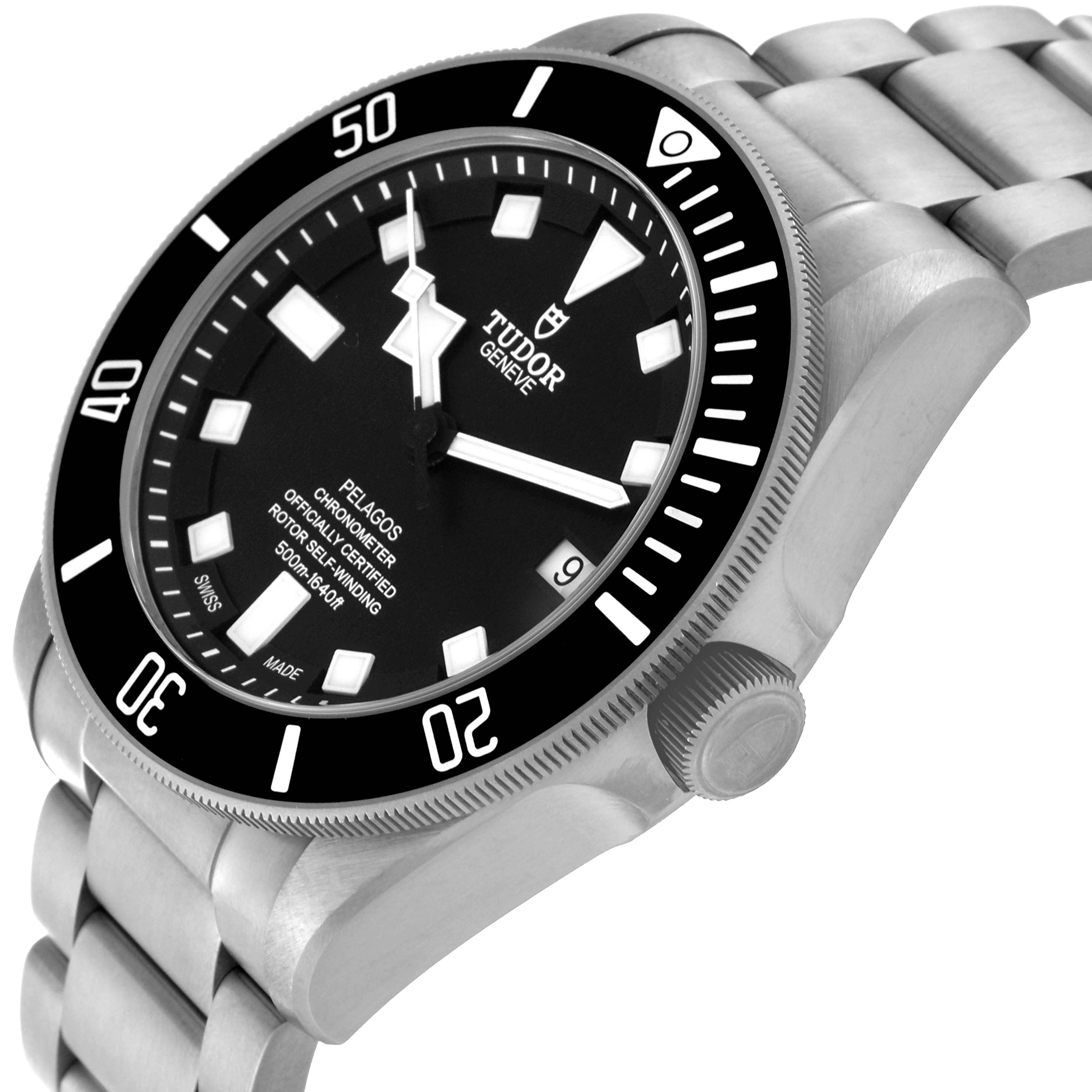 The Tudor Pelagos 25600TN Men's Titanium Black Dial 25600TN Men's Titanium Black Dial watch is shown at an angled view, displaying the face, bezel, crown, and part of the bracelet.
