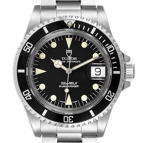The image shows a front view of the Tudor Submariner 79090 Men's Stainless Steel Black Dial 79090 Men's Stainless Steel Black Dial watch, highlighting its dial, bezel, hands, crown, and part of the bracelet.