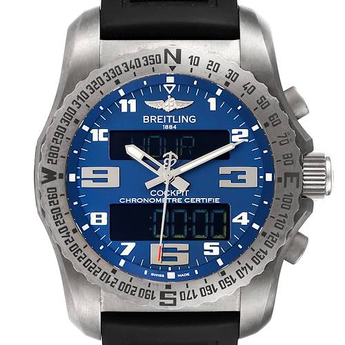 The image shows a front view of the Breitling Professional Series EB5010 Men's Titanium Blue Dial EB5010 Men's Titanium Blue Dial Cockpit Chronometre Certifie watch, highlighting its dial and bezel.