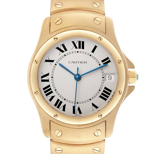 The Cartier Santos W20028G1 Men's Yellow Gold White Dial W20028G1 Men's Yellow Gold White Dial watch is shown from a front angle, highlighting the dial, bezel, crown, and part of the bracelet.