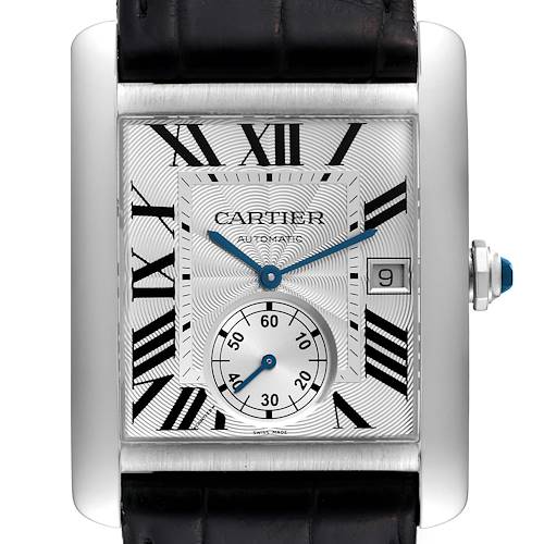 This image shows a front view of the Cartier Tank MC W5330003 Men's Stainless Steel Silver Dial W5330003 Men's Stainless Steel Silver Dial watch, displaying its face, hands, subdial, and part of the leather strap.