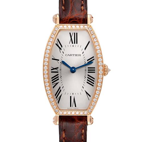 The image shows a Cartier Tonneau WE400331 Women's Rose Gold Silver Dial WE400331 Women's Rose Gold Silver Dial model watch from a front angle, revealing its diamond-encrusted case, Roman numerals, and leather strap.