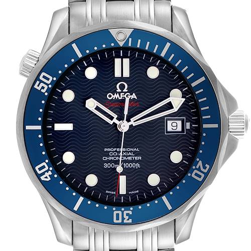The Omega Seamaster 2220.80.00 Men's Stainless Steel Blue Dial 2220.80.00 Men's Stainless Steel Blue Dial watch is shown from a front angle, highlighting the face, bezel, bracelet, and crown.