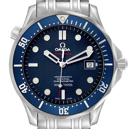 The Omega Seamaster 2220.80.00 Men's Stainless Steel Blue Dial 2220.80.00 Men's Stainless Steel Blue Dial watch is shown from a front angle, displaying the dial, bezel, and bracelet.
