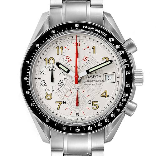 The image shows a front view of the Omega Speedmaster 3513.33.00 Men's Stainless Steel White Dial 3513.33.00 Men's Stainless Steel White Dial watch, highlighting its dial, subdials, and tachymeter bezel.