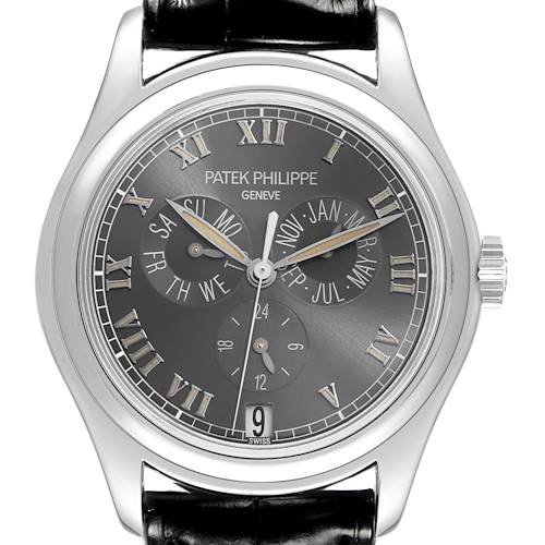 The Patek Philippe Complications 5035P-024 Men's Platinum Grey Dial 5035P-024 Men's Platinum Grey Dial watch is shown from the front, featuring dials for day, date, month, and a 24-hour subdial.
