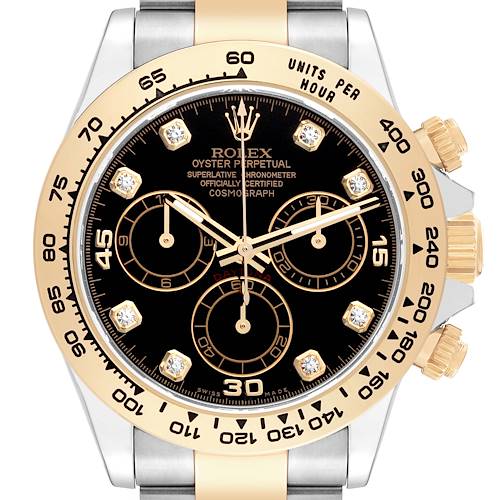 This Rolex Daytona 116503 Men's Steel and Gold (two tone) Black Dial 116503 Men's Steel and Gold (two tone) Black Dial watch is shown from the front, highlighting its dial, bezel, and chronograph subdials.