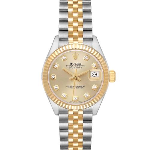 The Rolex Datejust 279173 Women's Steel and Gold (two tone) Champagne Dial 279173 Women's Steel and Gold (two tone) Champagne Dial watch is shown from the front, displaying its face, bezel, and two-tone bracelet.
