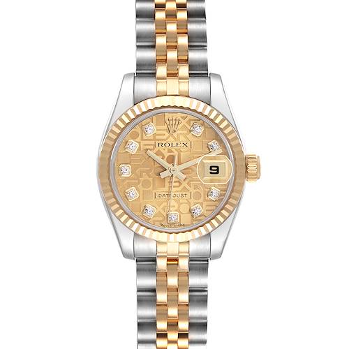 The Rolex Datejust 179173 Women's Steel and Gold (two tone) Champagne Dial 179173 Women's Steel and Gold (two tone) Champagne Dial watch is shown from a front angle, highlighting its gold and silver bracelet, fluted bezel, and dial with diamond markers.