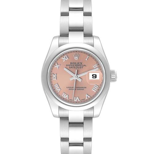 The image shows a front view of a Rolex Datejust 179160 Women's Stainless Steel Pink Dial 179160 Women's Stainless Steel Pink Dial watch, displaying its pink dial, Roman numerals, and date window.