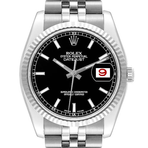 The image shows a front view of a Rolex Datejust 116234 Men's Stainless Steel Black Dial 116234 Men's Stainless Steel Black Dial watch with a black dial and fluted bezel.