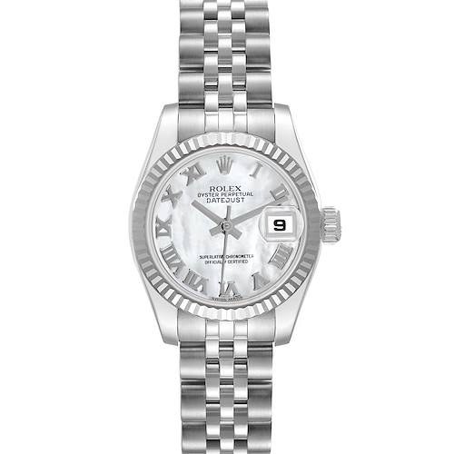 The Rolex Datejust 179174 Women's Stainless Steel Mother of Pearl Dial 179174 Women's Stainless Steel Mother of Pearl Dial watch is shown from the front, displaying the dial, fluted bezel, bracelet, and date window.