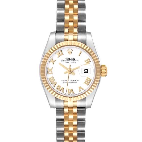 The Rolex Datejust 179173 Women's Steel and Gold (two tone) White Dial 179173 Women's Steel and Gold (two tone) White Dial watch is shown from the front, displaying the bezel, dial, Roman numeral markers, date window, and bracelet.
