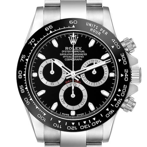 The Rolex Daytona 116500 Men's Stainless Steel Black Dial 116500 Men's Stainless Steel Black Dial watch is shown from the front, displaying the dial, sub-dials, and outer bezel.