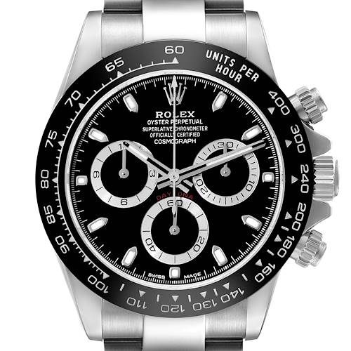This image shows a front view of the Rolex Daytona 116500 Men's Stainless Steel Black Dial 116500 Men's Stainless Steel Black Dial watch, highlighting its dial, bezel, and pushers.