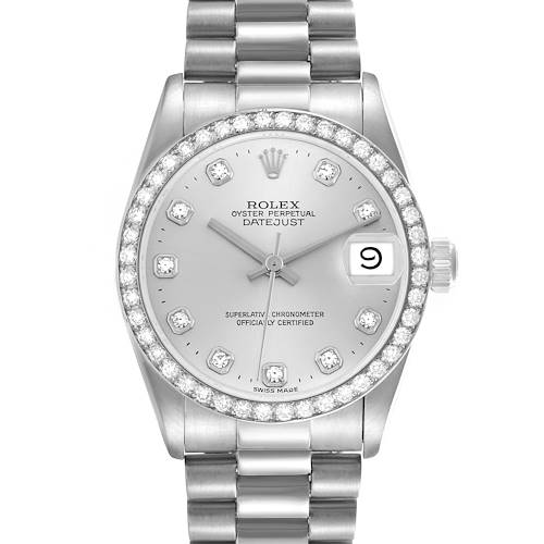 The Rolex Datejust Mid-Size watch is shown from the front, displaying the dial, bezel, hands, and bracelet.