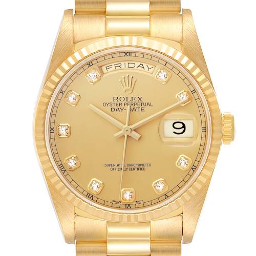 The Rolex President 18238 Men's Yellow Gold Champagne Dial 18238 Men's Yellow Gold Champagne Dial model watch is shown from a front angle, highlighting its gold dial, fluted bezel, and day-date features.