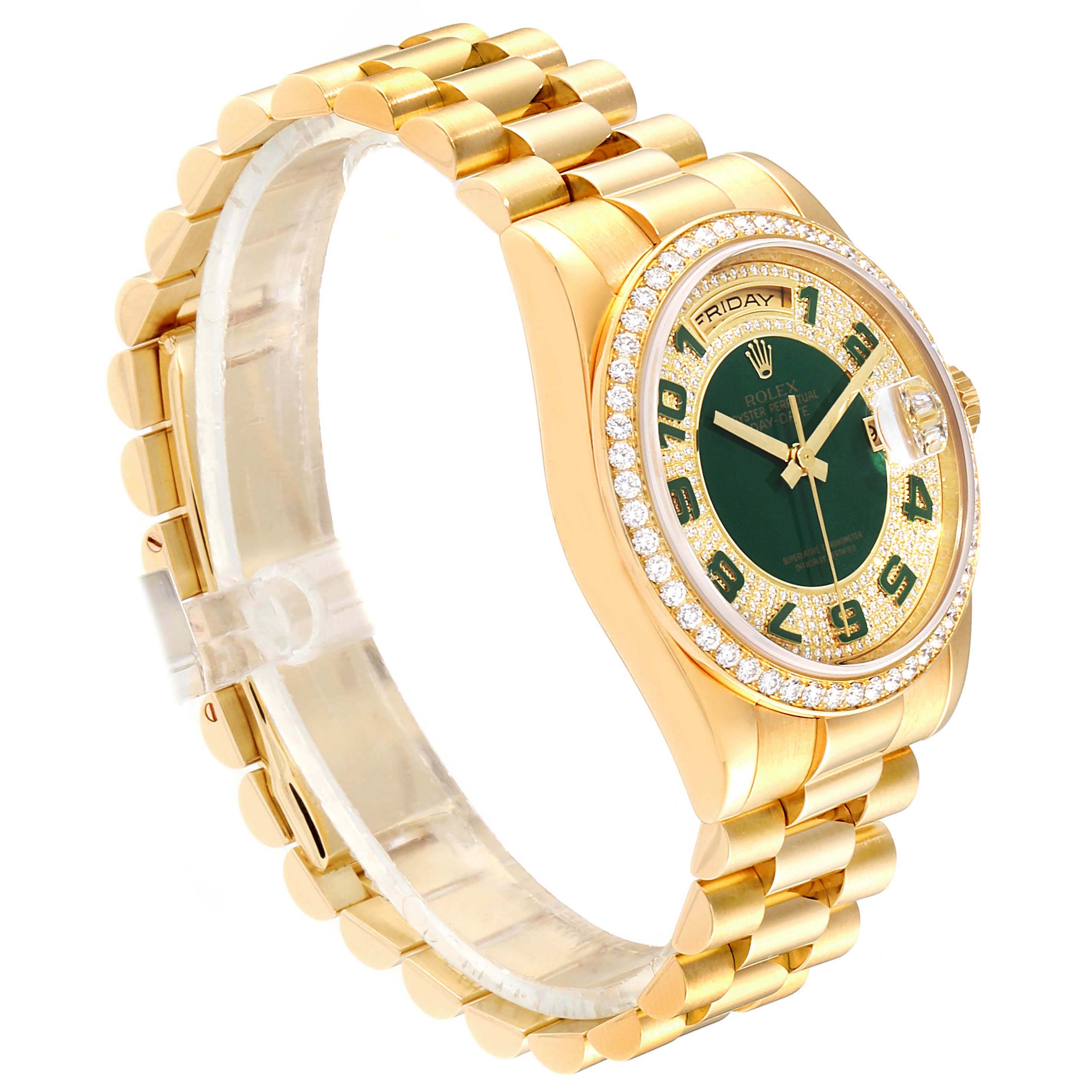 The image shows a Rolex President 118348 Men's Yellow Gold Green Dial 118348 Men's Yellow Gold Green Dial model watch from a slightly angled perspective highlighting the green dial, diamond bezel, and gold bracelet.