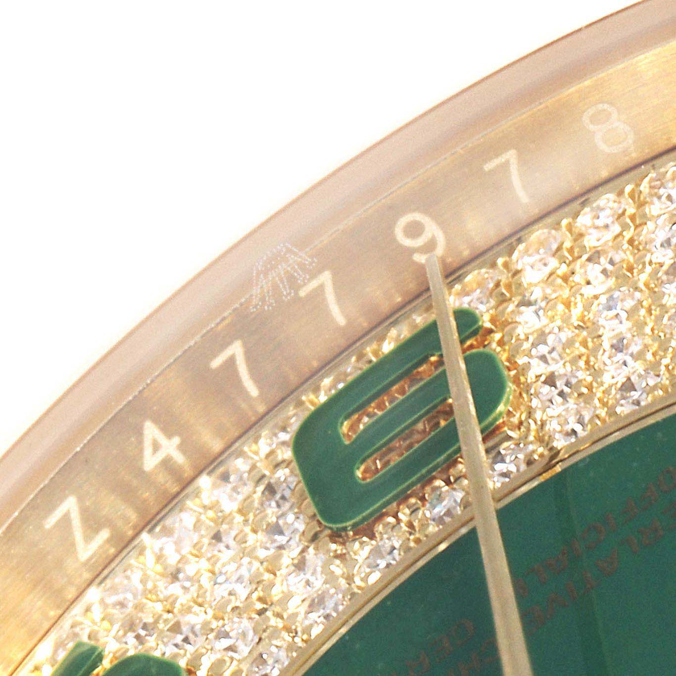 The close-up angle shows the bezel and part of the dial with the number 6 on a Rolex President 118348 Men's Yellow Gold Green Dial 118348 Men's Yellow Gold Green Dial model watch.