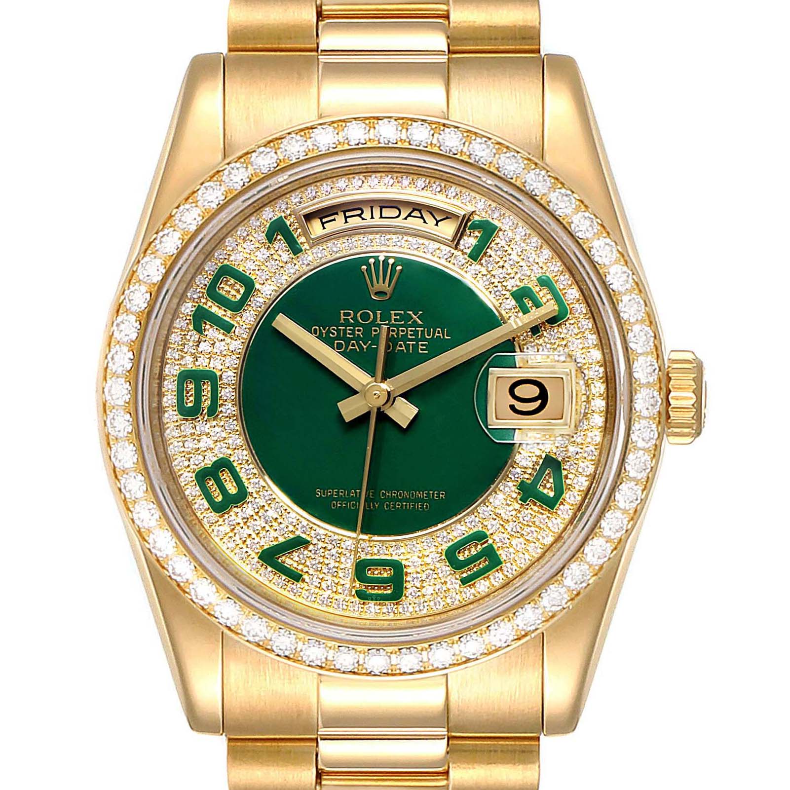 This image shows a front view of the Rolex President 118348 Men's Yellow Gold Green Dial 118348 Men's Yellow Gold Green Dial model watch, highlighting its gold band, green dial, and diamond-encrusted bezel.