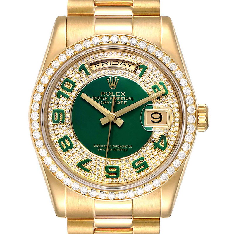 This image shows a front view of the Rolex President 118348 Men's Yellow Gold Green Dial 118348 Men's Yellow Gold Green Dial model watch, highlighting its gold band, green dial, and diamond-encrusted bezel.