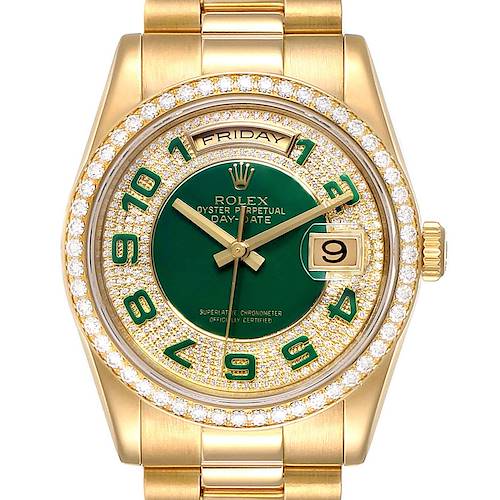The Rolex President 118348 Men's Yellow Gold Green Dial 118348 Men's Yellow Gold Green Dial model watch is shown from the front, highlighting the dial, bezel, bracelet, and date window.